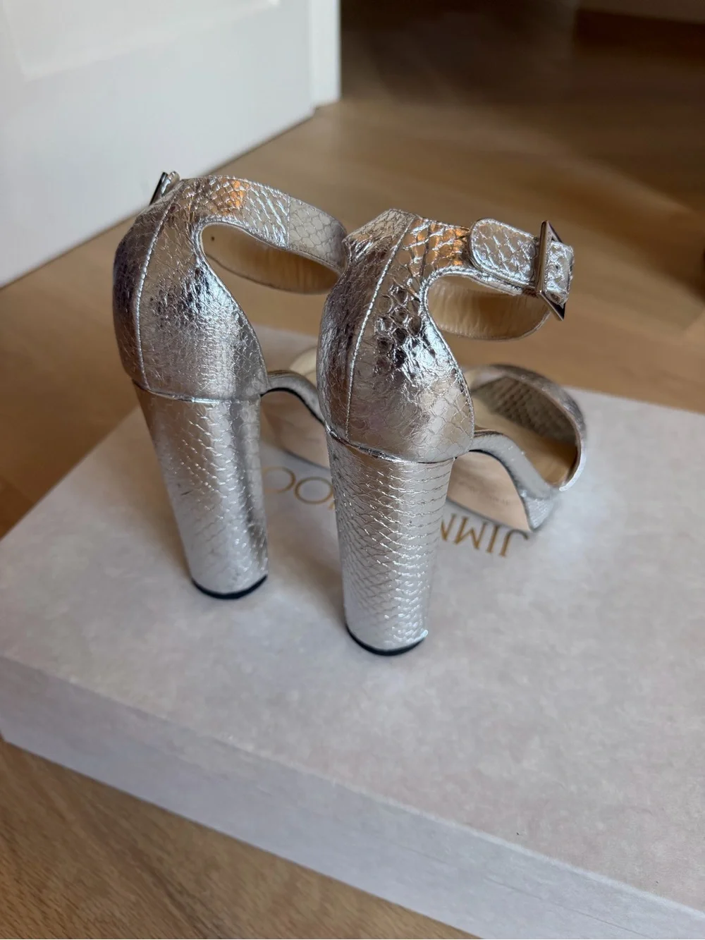 Jimmy Choo Metallic Silver Platform Block Heel Sandals